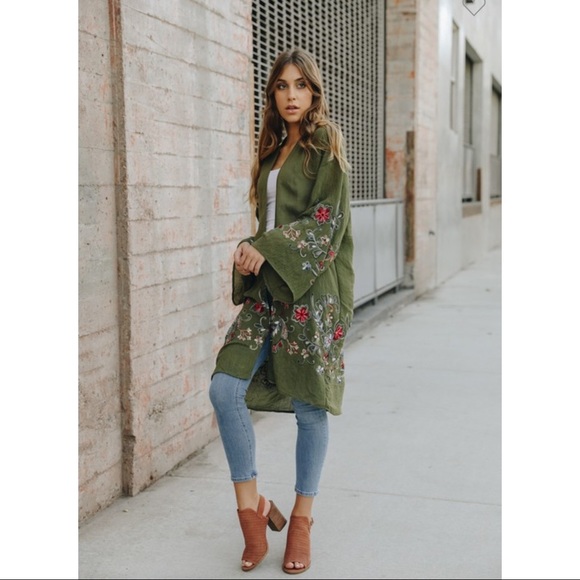 LONG OPEN FRONT OLIVE BOHEMIAN FLORAL CARDIGAN KIMONO - Picture 2 of 3